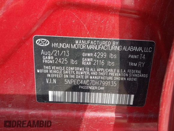 2013 Hyundai Sonata Limited with VIN 5NPEC4AC7DH799135, listed as a IAAI auction lot 42134001 with 142,212 mi miles and . Bid and sale history available at carsss.com. Image 9.