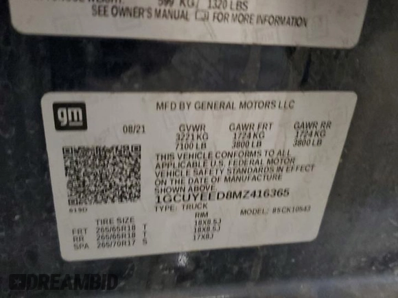 2021 Chevrolet Silverado 1500 RST with VIN 1GCUYEED8MZ416365, listed as a Copart auction lot 89321665 with 63,032 mi miles and Salvage Title. Bid and sale history available at DreamBid. Image 14.