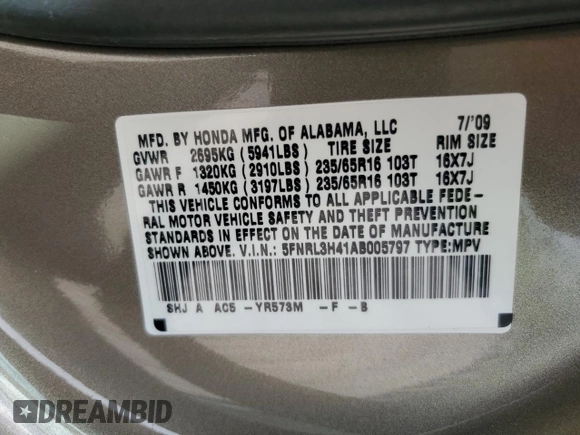 2010 Honda Odyssey EX с VIN 5FNRL3H41AB005797, выставлен на аукционе Copart как лот 56759595 с пробегом 118 444 миль миль и Списание • Salvage title. История ставок и продаж доступна на DreamBid. Изображение 13.