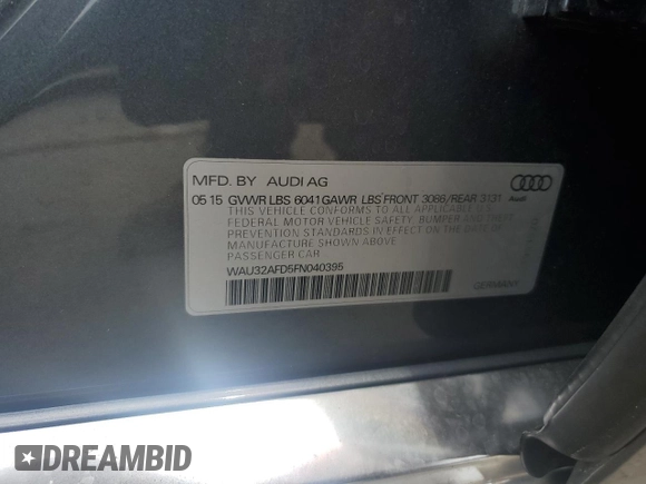 2015 Audi A8 4.0T with VIN WAU32AFD5FN040395, listed as a Copart auction lot 60909515 with 79,379 mi miles and Salvage title. Bid and sale history available at DreamBid. Image 13.