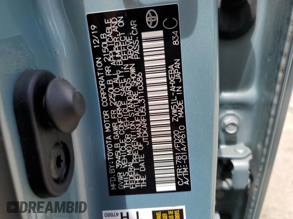 2020 Toyota Prius L Eco with VIN JTDKARFU5L3110386, listed as a Copart auction lot 54043065 with 75,579 mi miles and Salvage Title. Bid and sale history available at DreamBid. Image 13.