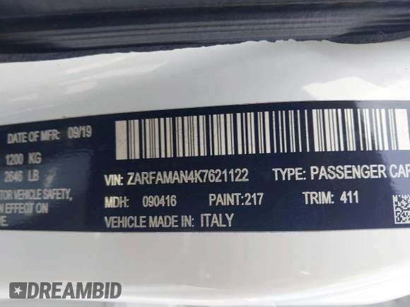 2019 Alfa Romeo Giulia z VIN ZARFAMAN4K7621122, wystawiony jako IAAI lot #41934779 z przebiegiem 57 246 mil mil oraz . Historia ofert i sprzedaży dostępna na DreamBid. Obrazek 9.