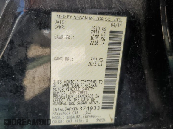 2014 Nissan Altima 2.5 with VIN 1N4AL3APXEN374933, listed as a Copart auction lot 49820945 with 199,061 mi miles and Salvage Title. Bid and sale history available at DreamBid. Image 13.