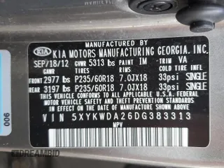 2013 Kia Sorento SX with VIN 5XYKWDA26DG383313, listed as a Copart auction lot 42489555 with 204,769 mi miles and Salvage Title. Bid and sale history available at carsss.com. Image 13.