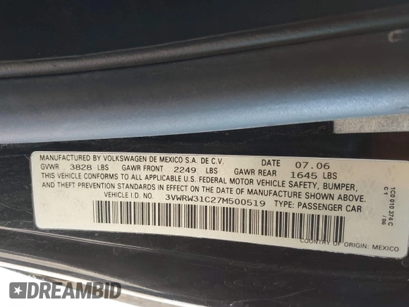 2007 Volkswagen Beetle with VIN 3VWRW31C27M500519, listed as a IAAI auction lot 41776926 with 131,832 mi miles and . Bid and sale history available at DreamBid. Image 9.