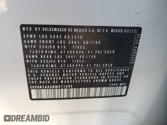 2022 Volkswagen Tiguan SE R-Line Black with VIN 3VV8B7AX8NM071695, listed as a Copart auction lot 87423714 with 27,776 mi miles and Salvage Title. Bid and sale history available at DreamBid. Image 15.