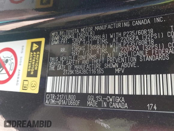 2011 Lexus RX 350 with VIN 2T2BK1BA3BC116165, listed as a IAAI auction lot 42589574 with Not provided miles and . Bid and sale history available at DreamBid. Image 9.