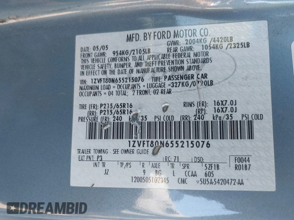 2005 Ford Mustang Deluxe with VIN 1ZVFT80N655215076, listed as a IAAI auction lot 42851590 with 295,317 mi miles and . Bid and sale history available at DreamBid. Image 9.