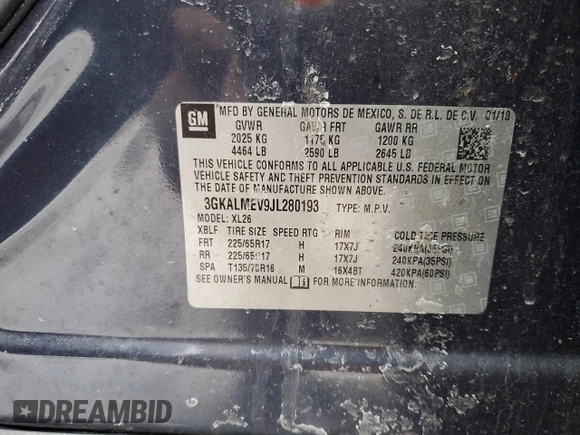 2018 GMC Terrain SLE with VIN 3GKALMEV9JL280193, listed as a Copart auction lot 46671245 with 185,753 mi miles and Salvage Title. Bid and sale history available at carsss.com. Image 15.