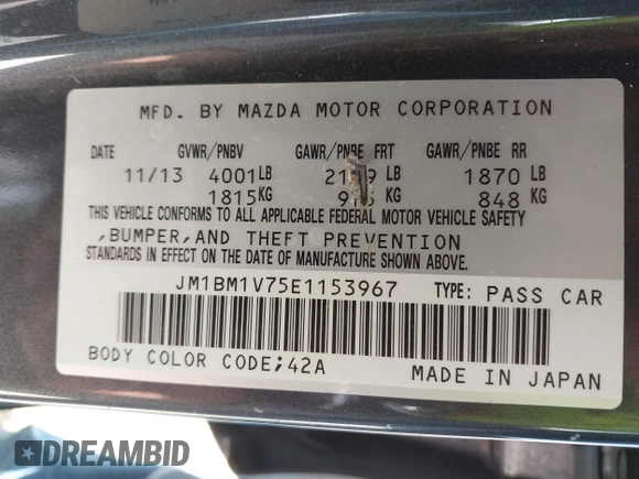 2014 Mazda 3 i Touring z VIN JM1BM1V75E1153967, wystawiony jako IAAI lot #42043936 z przebiegiem 147 580 mil mil oraz . Historia ofert i sprzedaży dostępna na DreamBid. Obrazek 9.