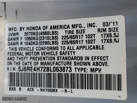 2011 Honda CR-V EX-L with VIN 5J6RE4H72BL063873, listed as a Copart auction lot 53256715 with 172,302 mi miles and Salvage Title. Bid and sale history available at carsss.com. Image 16.