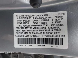 2019 Honda Civic LX with VIN 2HGFC2F61KH509233, listed as a IAAI auction lot 42048400 with 37,368 mi miles and . Bid and sale history available at DreamBid. Image 9.