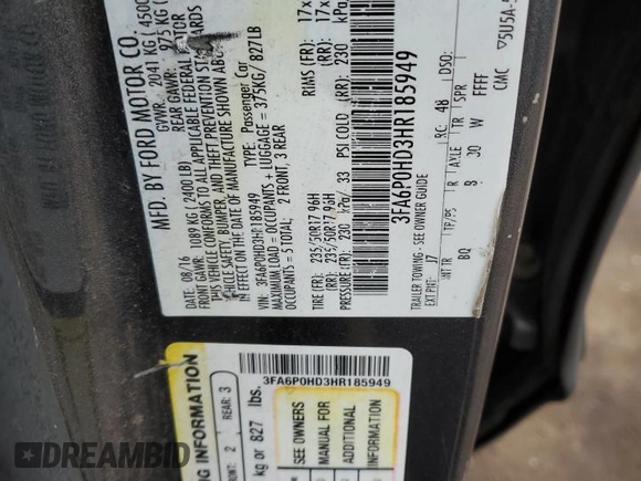 2017 Ford Fusion SE with VIN 3FA6P0HD3HR185949, listed as a Copart auction lot 58828325 with 169,148 mi miles and Clean title. Bid and sale history available at DreamBid. Image 12.