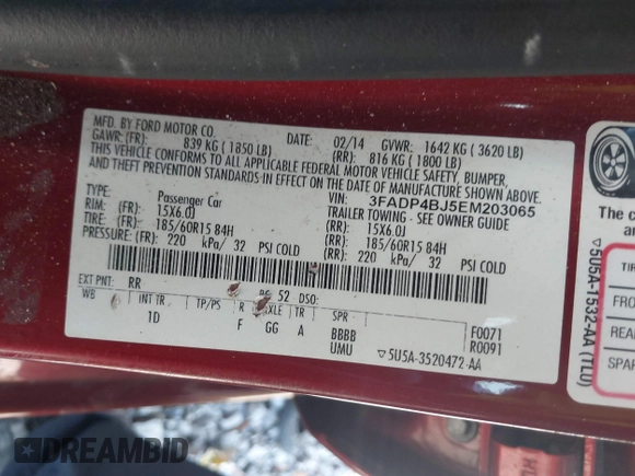 2014 Ford Fiesta SE with VIN 3FADP4BJ5EM203065, listed as a IAAI auction lot 40555870 with 176,329 mi miles. Bid and sale history available at carsss.com. Image 9.