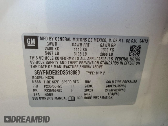 2013 Cadillac SRX Performance Collection with VIN 3GYFNDE32DS618080, listed as a Copart auction lot 48646985 with 100,309 mi miles and Salvage Title. Bid and sale history available at carsss.com. Image 15.