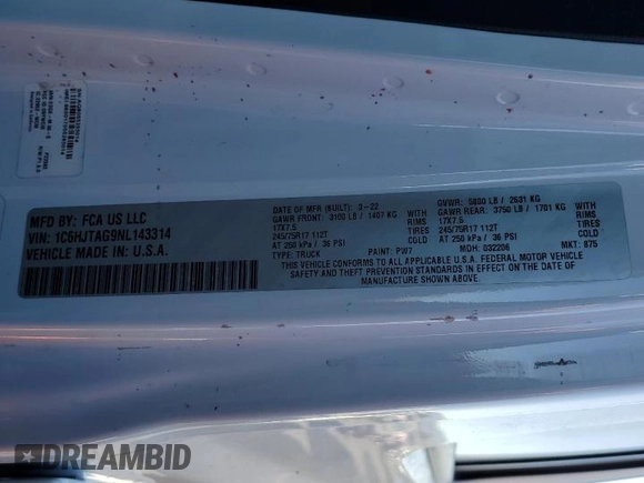 2022 Jeep Gladiator Willys with VIN 1C6HJTAG9NL143314, listed as a Copart auction lot 87974155 with 25,106 mi miles and Salvage title. Bid and sale history available at DreamBid. Image 13.