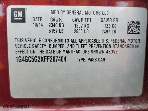 2015 Buick LaCrosse Leather with VIN 1G4GC5G3XFF207404, listed as a Copart auction lot 44211025 with 0 mi miles and Salvage Title. Bid and sale history available at carsss.com. Image 15.