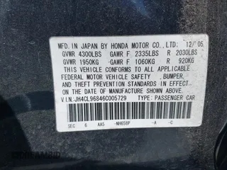 2006 Acura TSX with VIN JH4CL96846C005729, listed as a IAAI auction lot 42108665 with 163,190 mi miles. Bid and sale history available at carsss.com. Image 9.