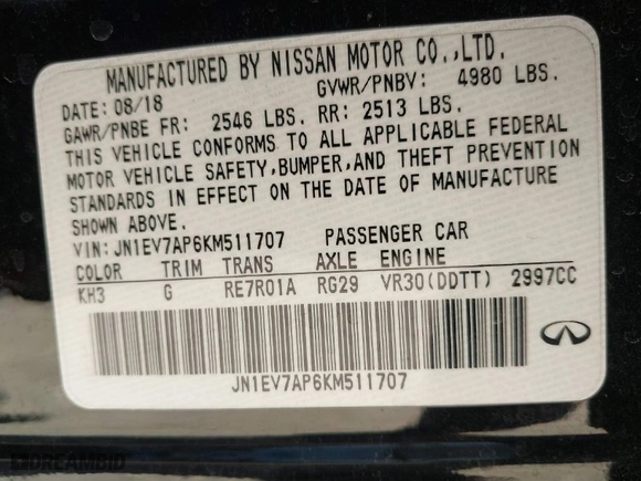 2019 Infiniti Q50 3.0t LUXE with VIN JN1EV7AP6KM511707, listed as a IAAI auction lot 41903978 with 101,893 mi miles. Bid and sale history available at carsss.com. Image 9.