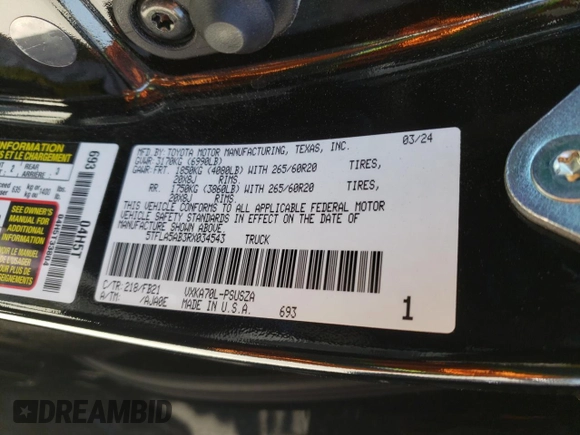 2024 Toyota Tundra 2WD SR5 with VIN 5TFLA5AB3RX034543, listed as a Copart auction lot 64708574 with 6,267 mi miles and Salvage Title. Bid and sale history available at carsss.com. Image 13.
