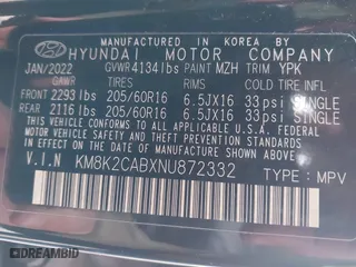 2022 Hyundai Kona SE with VIN KM8K2CABXNU872332, listed as a IAAI auction lot 41477508 with 23,467 mi miles. Bid and sale history available at carsss.com. Image 9.