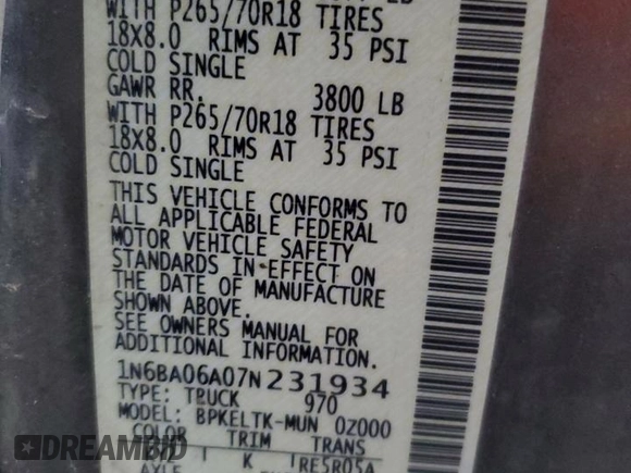 2007 Nissan Titan SE with VIN 1N6BA06A07N231934, listed as a Copart auction lot 41892615 with Not provided miles and Clean title. Bid and sale history available at DreamBid. Image 12.
