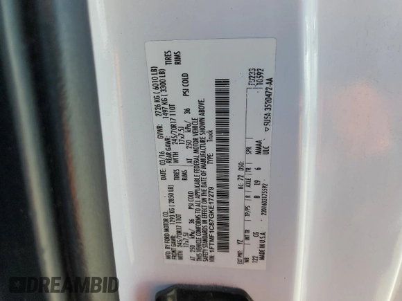 2016 Ford F-150 XL with VIN 1FTMF1C87GKE17279, listed as a Copart auction lot 56022125 with 144,209 mi miles and Salvage title. Bid and sale history available at DreamBid. Image 13.