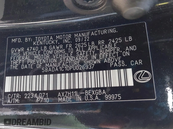 2023 Lexus ES with VIN 58ADA1C10PU026937, listed as a IAAI auction lot 41924903 with 135,947 mi miles. Bid and sale history available at carsss.com. Image 9.
