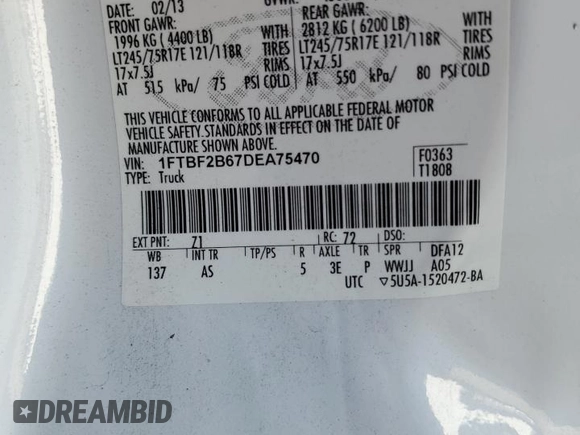 2013 Ford F-250 XL with VIN 1FTBF2B67DEA75470, listed as a Copart auction lot 42008835 with 258,190 mi miles and Clean title. Bid and sale history available at DreamBid. Image 12.