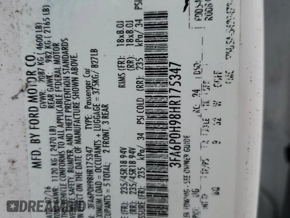 2017 Ford Fusion SE with VIN 3FA6P0H98HR175347, listed as a Copart auction lot 47828205 with 124,340 mi miles and Salvage Title. Bid and sale history available at DreamBid. Image 13.