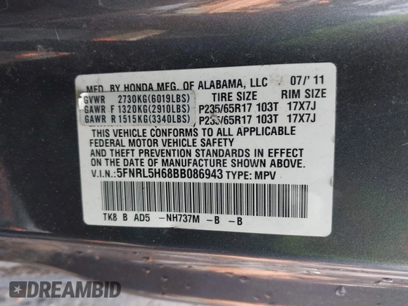2011 Honda Odyssey EX-L with VIN 5FNRL5H68BB086943, listed as a IAAI auction lot 42503744 with 225,376 mi miles and . Bid and sale history available at DreamBid. Image 9.