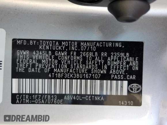 2011 Toyota Camry LE with VIN 4T1BF3EK3BU167107, listed as a Copart auction lot 76244344 with 127,006 mi miles and Salvage Title. Bid and sale history available at DreamBid. Image 14.