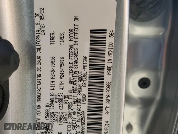 2022 Toyota Tacoma SR5 with VIN 3TMBZ5DN9NM035609, listed as a Copart auction lot 56380035 with Not provided miles and Salvage title. Bid and sale history available at DreamBid. Image 12.