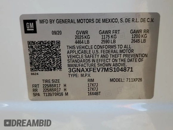 2021 Chevrolet Equinox LS with VIN 3GNAXFEV7MS104871, listed as a Copart auction lot 74592003 with 49,069 mi miles and Salvage title. Bid and sale history available at DreamBid. Image 14.