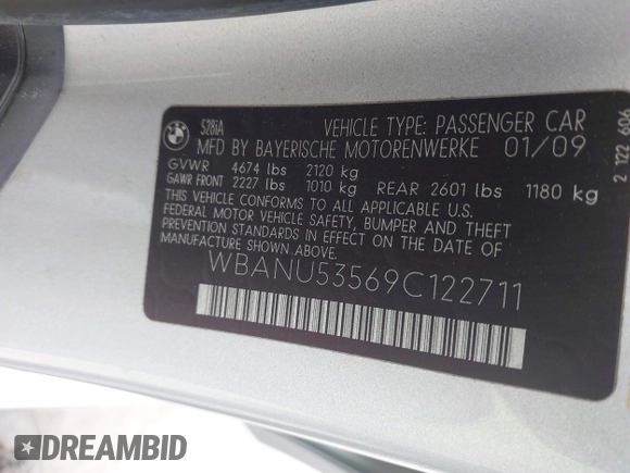 2009 BMW 5 Series 528i with VIN WBANU53569C122711, listed as a IAAI auction lot 42082909 with 157,581 mi miles and . Bid and sale history available at carsss.com. Image 9.