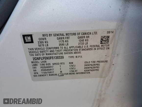 2015 Chevrolet Equinox LT with VIN 2GNFLFEK6F6138339, listed as a Copart auction lot 45554665 with 104,509 mi miles and Salvage Title. Bid and sale history available at carsss.com. Image 12.