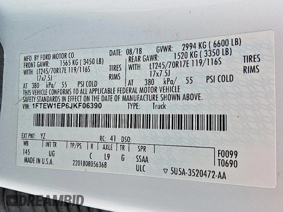 2018 Ford F-150 XL with VIN 1FTEW1EP6JKF06390, listed as a Copart auction lot 63828105 with 157,078 mi miles and Clean title. Bid and sale history available at DreamBid. Image 12.