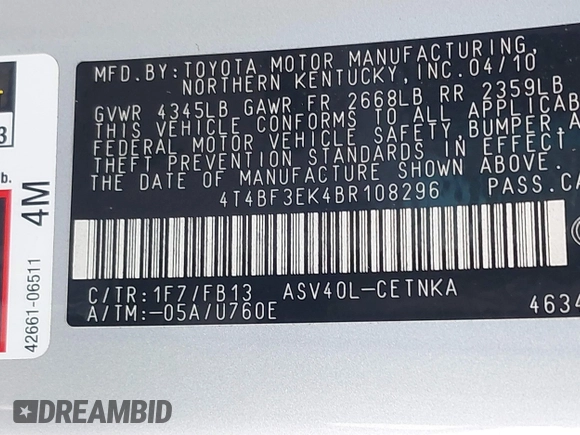 2011 Toyota Camry LE with VIN 4T4BF3EK4BR108296, listed as a IAAI auction lot 42139860 with 145,485 mi miles. Bid and sale history available at carsss.com. Image 9.