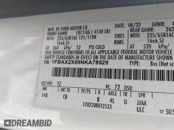 2022 Ford Transit Passenger XL with VIN 1FBAX2X89NKA78929, listed as a IAAI auction lot 42493797 with 35,885 mi miles and . Bid and sale history available at DreamBid. Image 9.