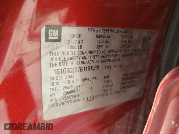 2016 GMC Canyon 4WD SLE with VIN 1GTG6CE37G1161080, listed as a Copart auction lot 42714655 with 172,615 mi miles and Salvage Title. Bid and sale history available at carsss.com. Image 12.