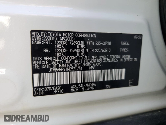 2022 Toyota RAV4 Hybrid XLE Premium with VIN JTMB6RFV1ND521761, listed as a Copart auction lot 52150265 with 46,391 mi miles and Salvage title. Bid and sale history available at DreamBid. Image 13.