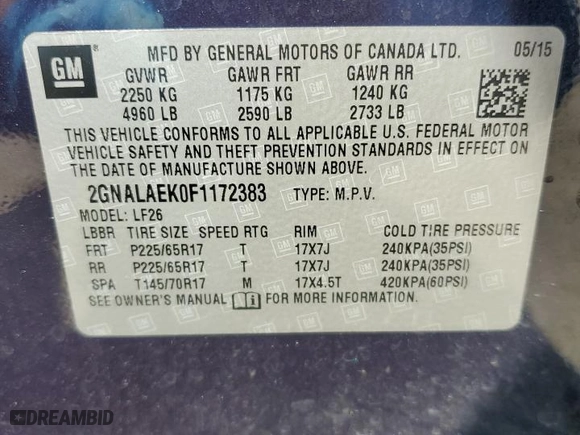 2015 Chevrolet Equinox LS with VIN 2GNALAEK0F1172383, listed as a Copart auction lot 48555905 with 115,229 mi miles and Salvage Title. Bid and sale history available at carsss.com. Image 13.