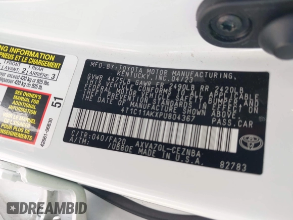 2023 Toyota Camry LE z VIN 4T1C11AKXPU804367, wystawiony jako IAAI lot #42019545 z przebiegiem 23 737 mil mil oraz . Historia ofert i sprzedaży dostępna na DreamBid. Obrazek 9.