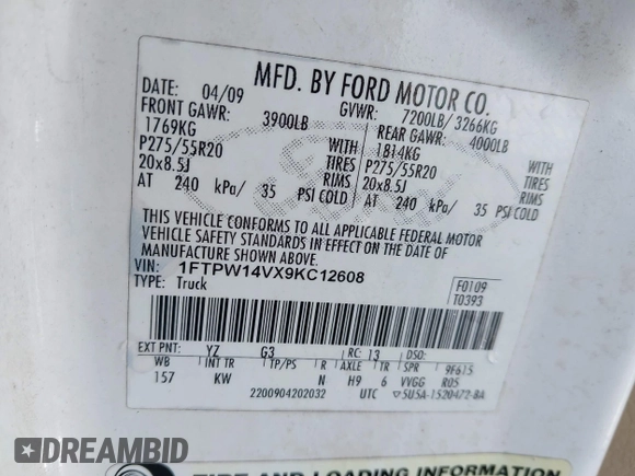 2009 Ford F-150 XL with VIN 1FTPW14VX9KC12608, listed as a IAAI auction lot 41994846 with 279,269 mi miles. Bid and sale history available at carsss.com. Image 9.