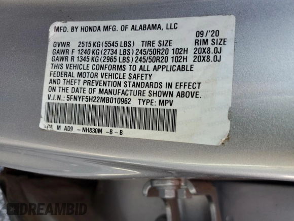 2021 Honda Pilot Special Edition with VIN 5FNYF5H22MB010962, listed as a Copart auction lot 56402185 with 44,810 mi miles and Salvage title. Bid and sale history available at DreamBid. Image 13.