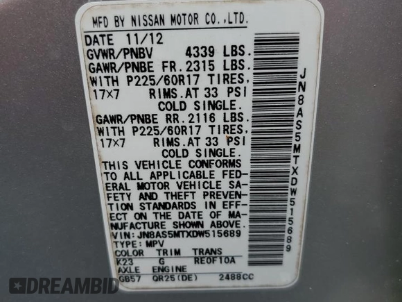 2013 Nissan Rogue S with VIN JN8AS5MTXDW515689, listed as a Copart auction lot 53549075 with 129,416 mi miles and Salvage Title. Bid and sale history available at carsss.com. Image 14.