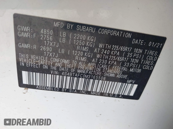 2021 Subaru Outback Premium with VIN 4S4BTAFC0M3165506, listed as a IAAI auction lot 42333562 with 66,572 mi miles and . Bid and sale history available at DreamBid. Image 9.