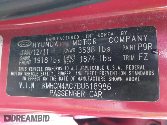 2011 Hyundai Accent GLS with VIN KMHCN4AC7BU618986, listed as a IAAI auction lot 42003238 with 124,239 mi miles and . Bid and sale history available at DreamBid. Image 9.