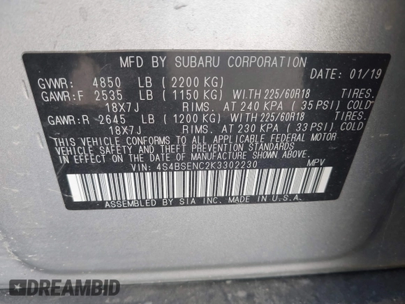 2019 Subaru Outback Limited with VIN 4S4BSENC2K3302230, listed as a IAAI auction lot 42205977 with 91,655 mi miles and . Bid and sale history available at DreamBid. Image 9.