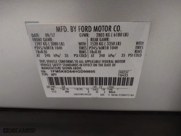 2017 Ford Explorer XLT with VIN 1FM5K8D84HGD99895, listed as a IAAI auction lot 41637419 with 82,128 mi miles. Bid and sale history available at carsss.com. Image 9.